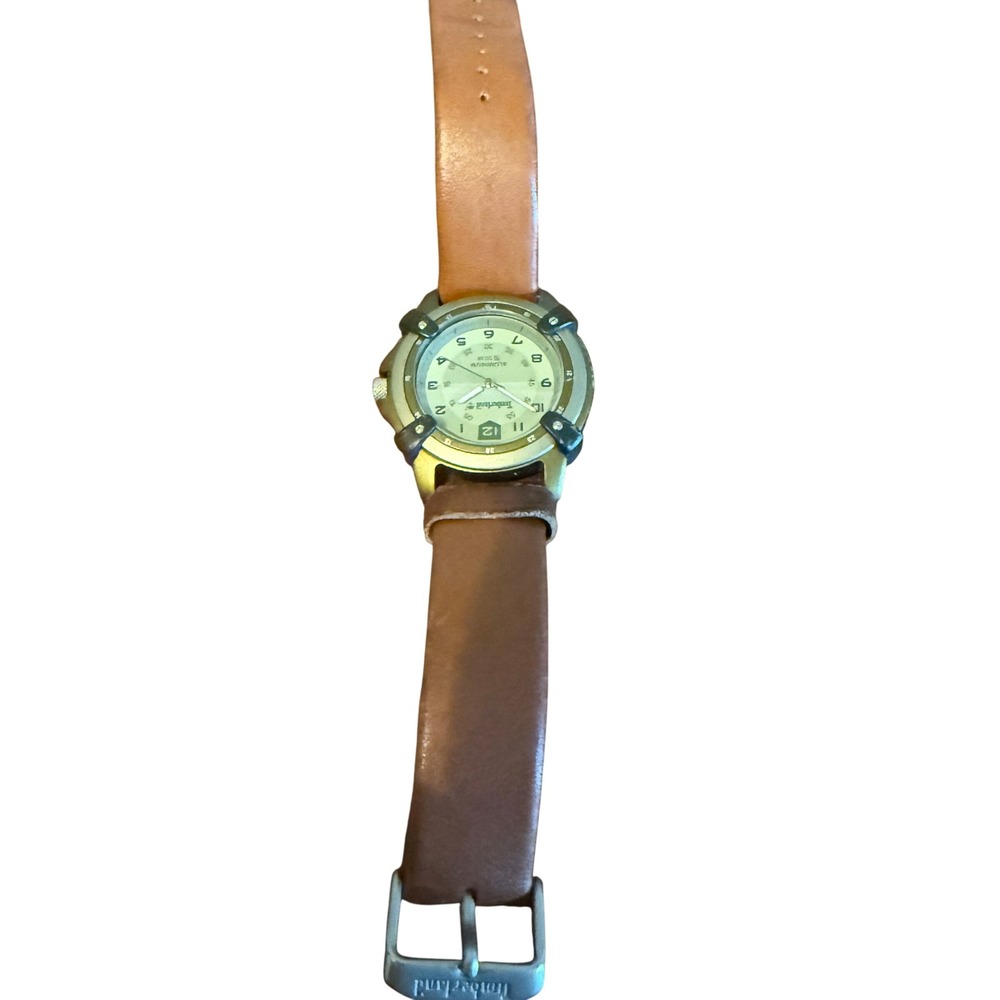 Timberland 12973G Mens Field Watch Olive Green Dial Brown Leather Strap 50M